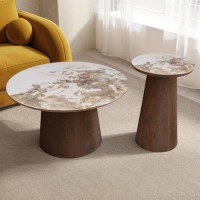 Round Walnut and Neutral Marble Effect Nest of 2 Tables - Malia Round Walnut and Neutral Marble Effect Nest of 2 Tables - Malia