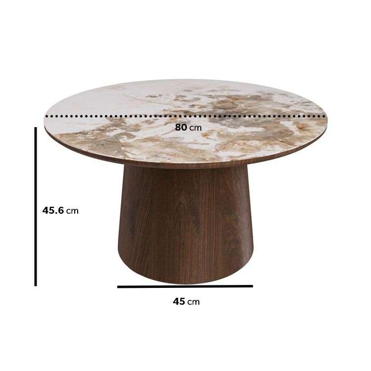 Neutral Round Ceramic Nest of 2 Tables with Walnut Pedestal Bases - Malia