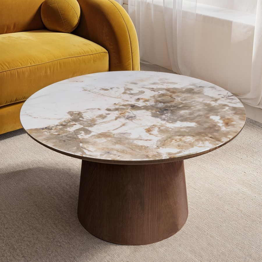 Neutral Ceramic Round Walnut Coffee Table and Sofa Table - Malia