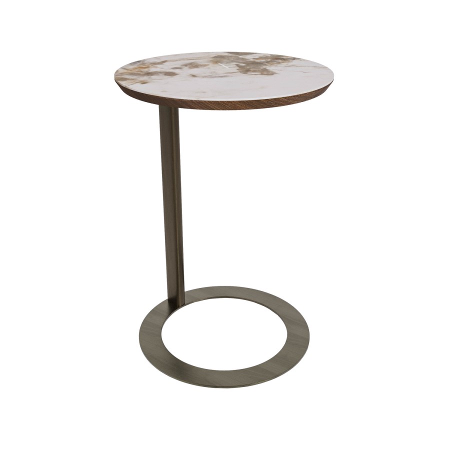 Round Side Table with Neutral Marble Effect and Bronze Base - Malia