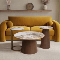 Round Walnut and Neutral Marble Effect Nest of 3 Tables - Malia Round Walnut and Neutral Marble Effect Nest of 3 Tables - Malia