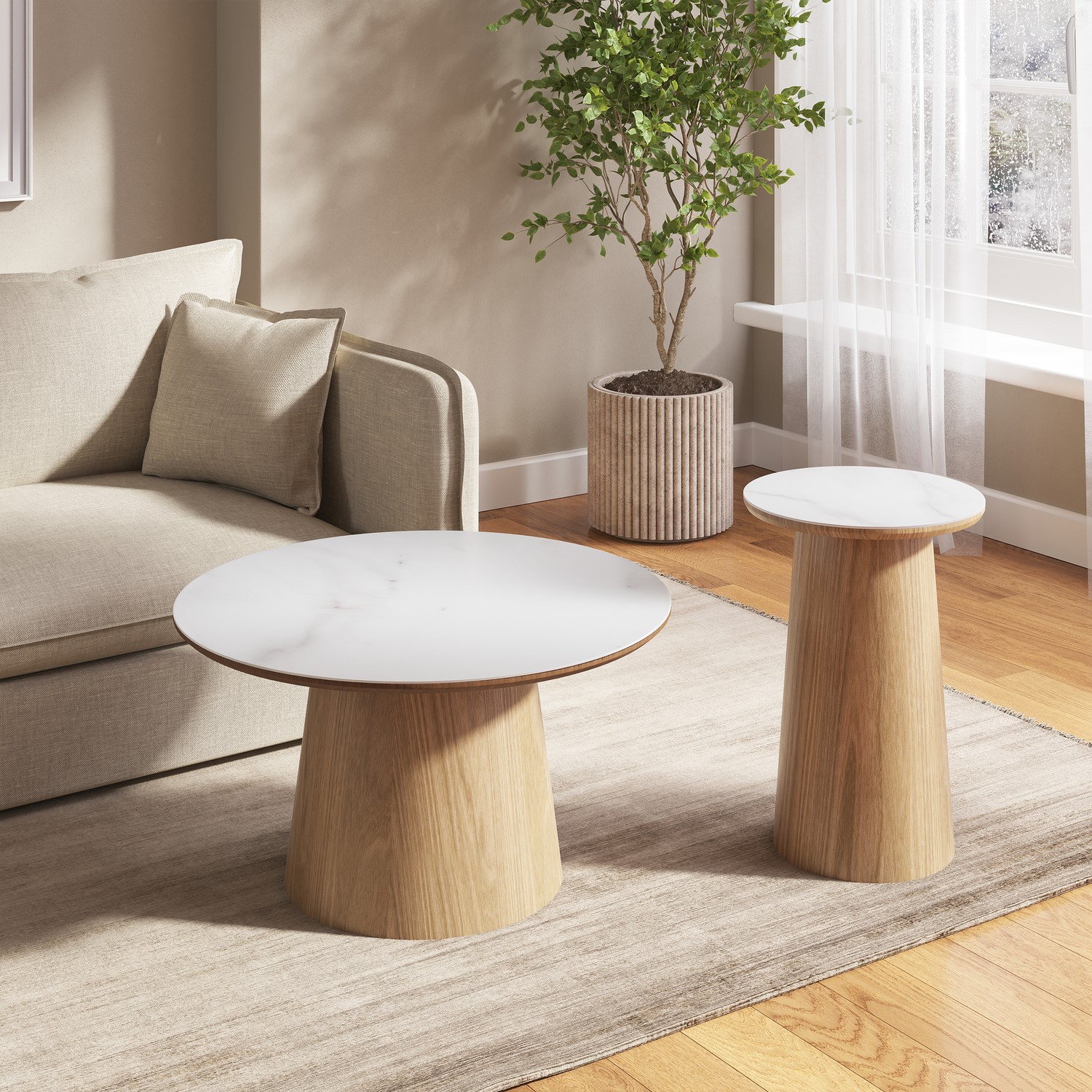 Malia Brown Round Oak And White Marble Effect Nest Of 2 Tables
