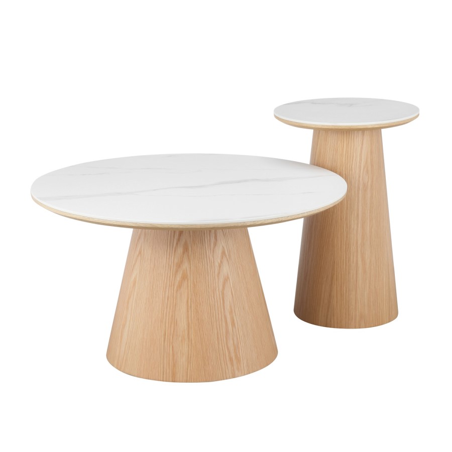 Round Oak and White Marble Effect Nest of 2 Tables - Malia
