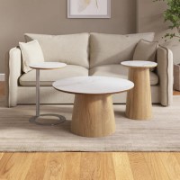 Round Oak and White Marble Effect Nest of 3 Tables - Malia