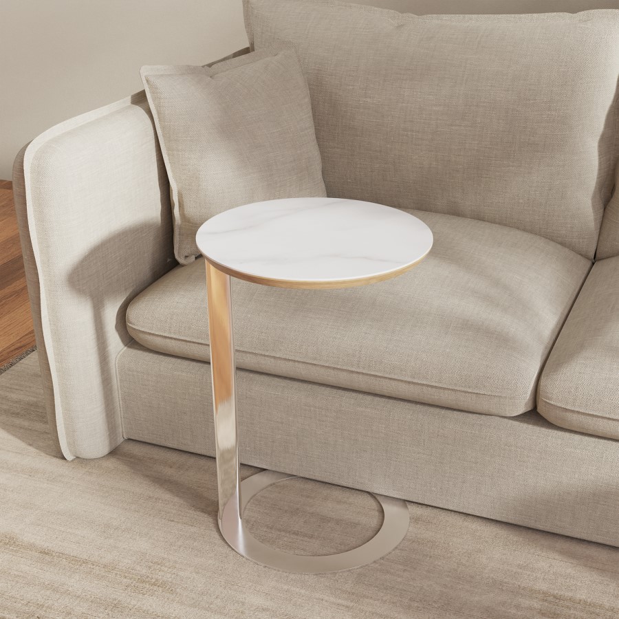 Round Side Table with White Marble Effect and Chrome Base - Malia