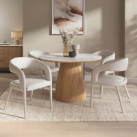 Round Oak and Marble Effect Dining Table Set with 4 Beige Real Leather Chairs - Seats 4 - Malia