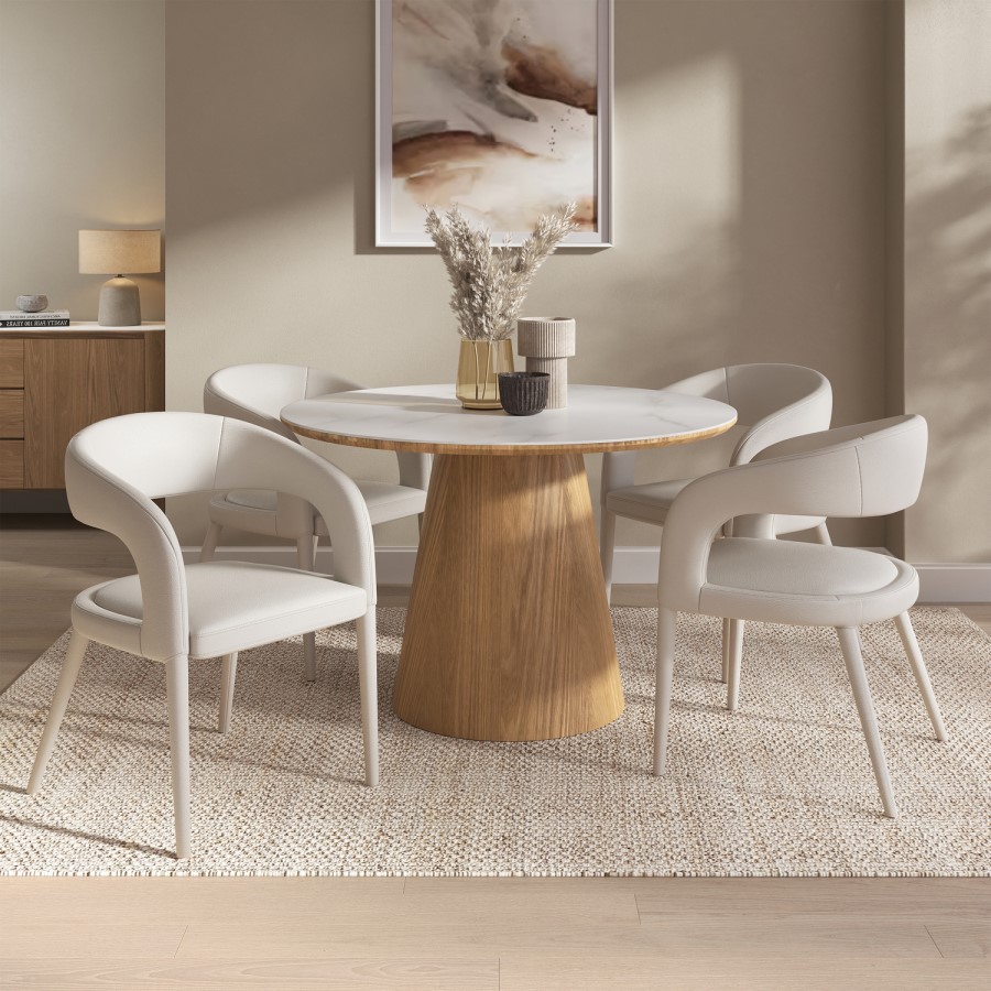 Round Oak and Marble Effect Dining Table Set with 4 Beige Real Leather Chairs - Seats 4 - Malia