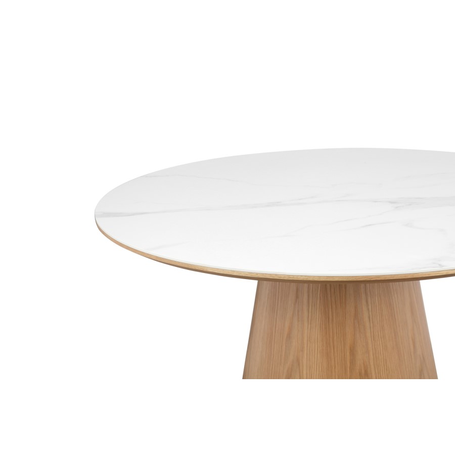 Round Oak and Marble Effect Dining Table Set with 4 Beige Real Leather Chairs - Seats 4 - Malia