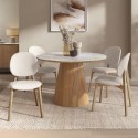 BUN/MAL009/98053 Round Oak and Marble Effect Dining Table Set with 4 Cream Upholstered Chairs - Seats 4 - Malia