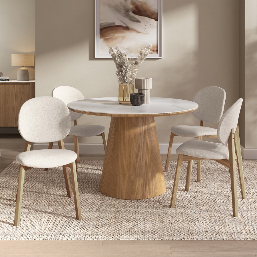 Round Oak and Marble Effect Dining Table Set with 4 Cream Upholstered Chairs - Seats 4 - Malia