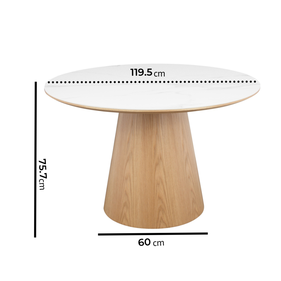 Round Oak and White Marble Effect Pedestal Dining Table - Seats 4 - Malia