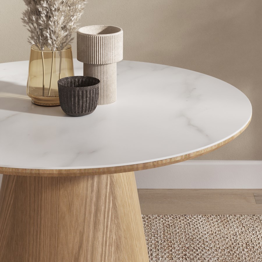 Round Oak and White Marble Effect Pedestal Dining Table - Seats 4 - Malia