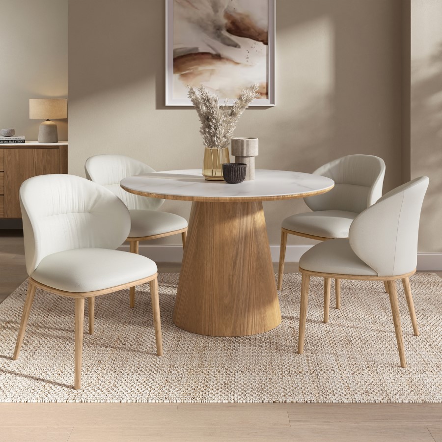 Round Oak and White Marble Effect Pedestal Dining Table - Seats 4 - Malia