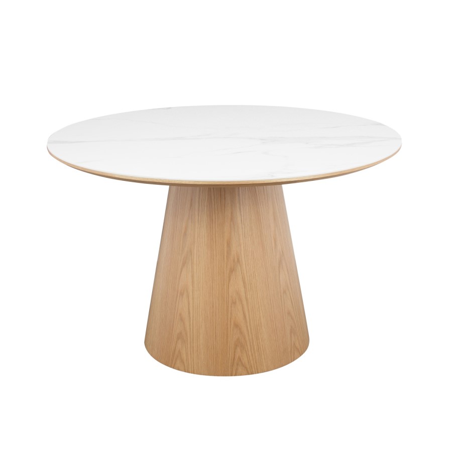 Round Oak and White Marble Effect Pedestal Dining Table - Seats 4 - Malia