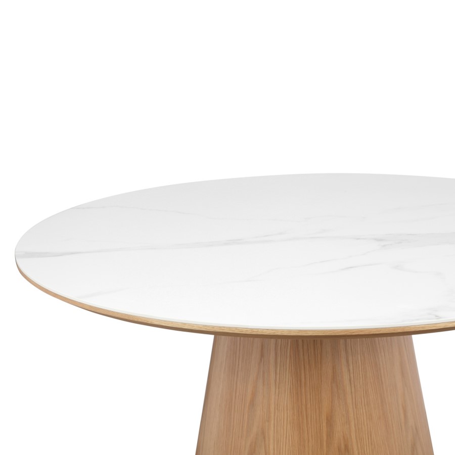 Round Oak and White Marble Effect Pedestal Dining Table - Seats 4 - Malia