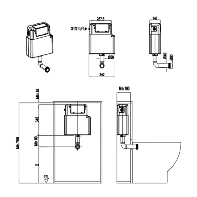 Grade A1 - Arissa Chrome Manual Push Button and Cistern