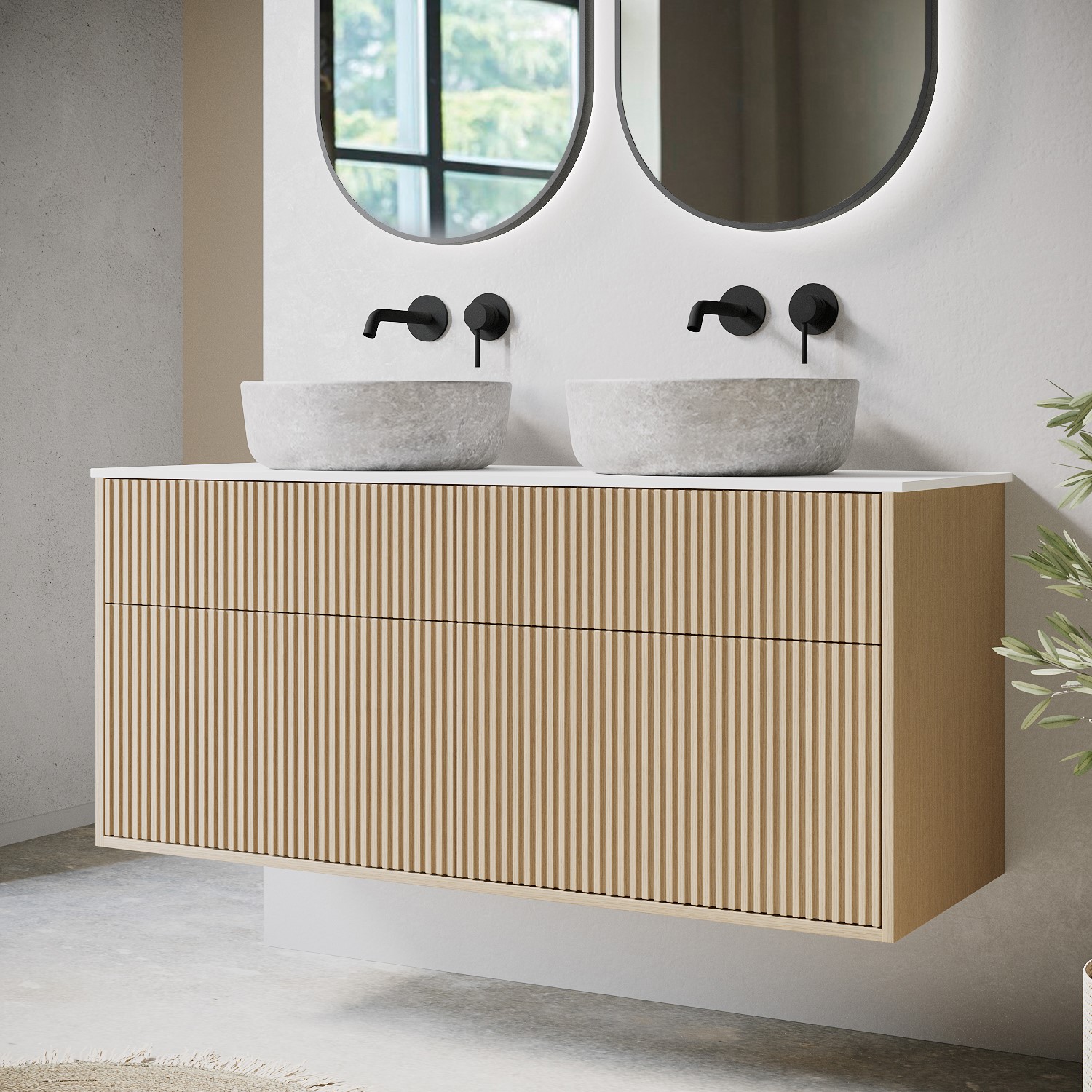1250mm Wooden Wall Hung Countertop Vanity Unit with Stone Effect Basins