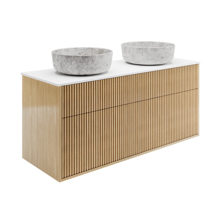 1250mm Wooden Fluted Wall Hung Double Countertop Vanity Unit with Stone Effect Basins - Matira