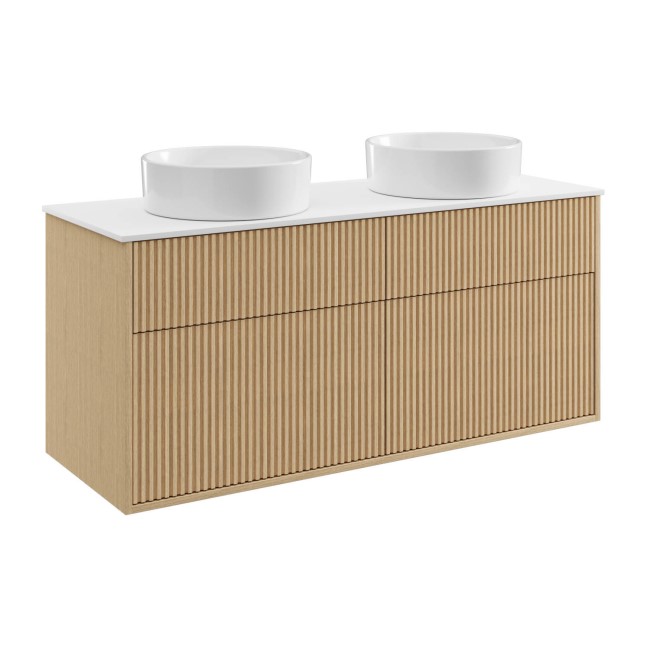 1250mm Wooden Fluted Wall Hung Double Countertop Vanity Unit with Round Basins - Matira