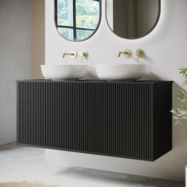 1250mm Black Wooden Fluted Wall Hung Countertop Double Vanity Unit with Round Basin - Matira