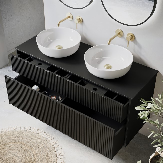 1250mm Black Wooden Fluted Wall Hung Countertop Double Vanity Unit with Round Basin - Matira