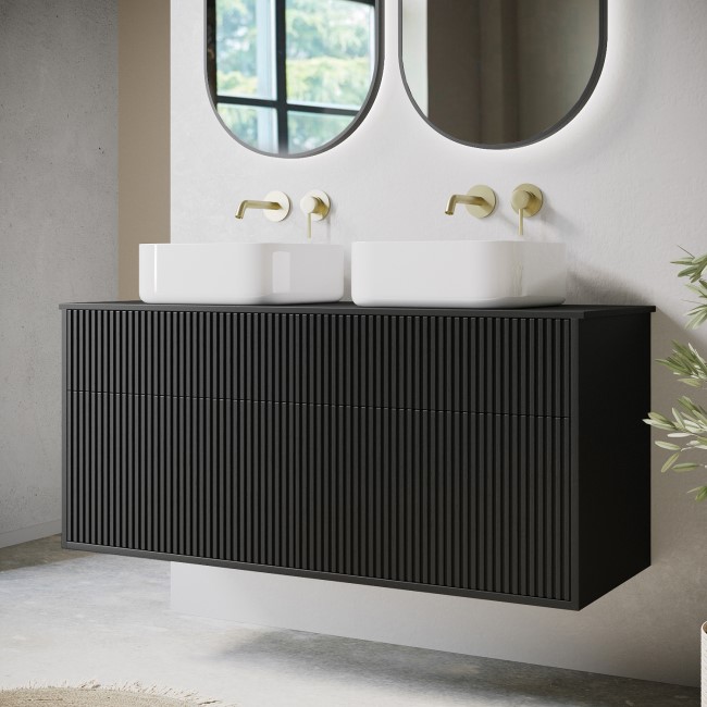 1250mm Black Wooden Fluted Wall Hung Countertop Double Vanity Unit with Square Basin - Matira