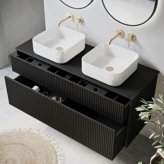 1250mm Black Wooden Fluted Wall Hung Countertop Double Vanity Unit with Square Basin - Matira