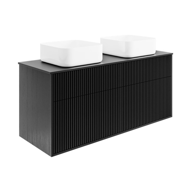 1250mm Black Wooden Fluted Wall Hung Countertop Double Vanity Unit with Square Basin - Matira