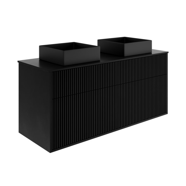 1250mm Black Wooden Fluted Wall Hung Countertop Double Vanity Unit with Black Square Basin - Matira