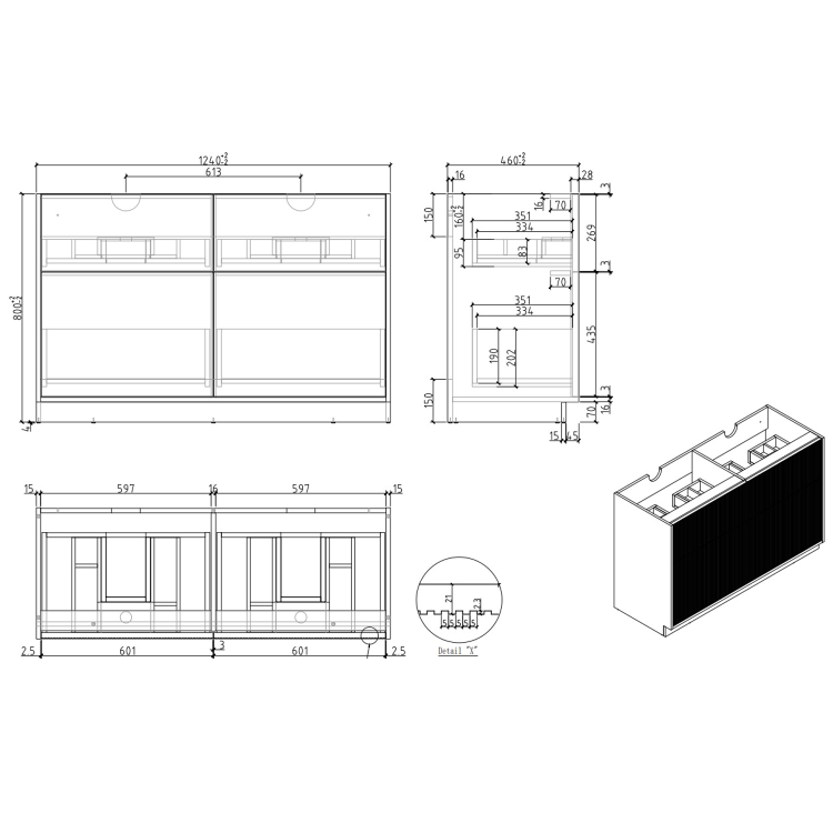 1250mm Black Wooden Freestanding Countertop Double Vanity Unit - Matira