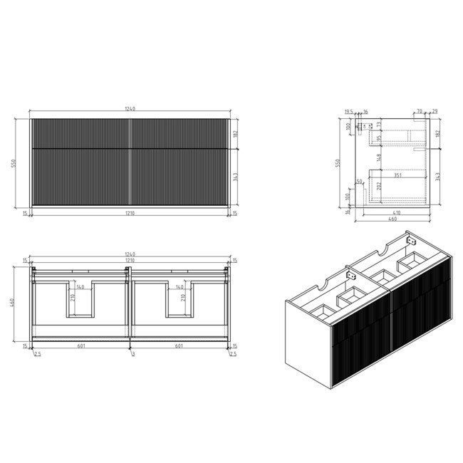 1250mm Wooden Fluted Freestanding Double Countertop Vanity Unit with Black Worktop and Black Round Basin- Matira