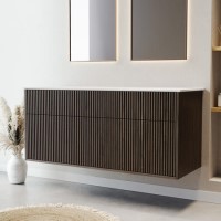 1250mm Walnut Wood Effect Fluted Wall Hung Double Countertop Vanity Unit – Matira