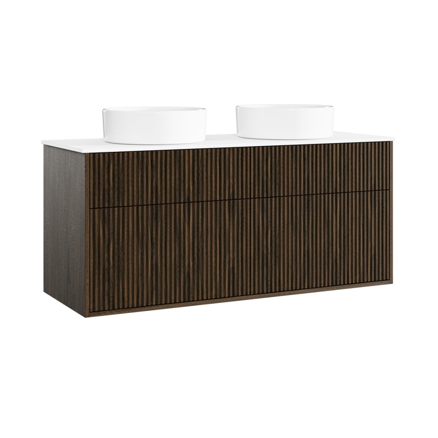 1250mm Walnut Wood Effect Fluted Wall Hung Double Countertop Vanity Unit with Basin– Matira