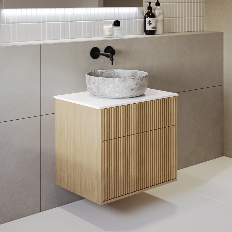 Grade A1 - 650mm Wooden Wall Hung Countertop Vanity Unit with Stone Effect Basin - Matira