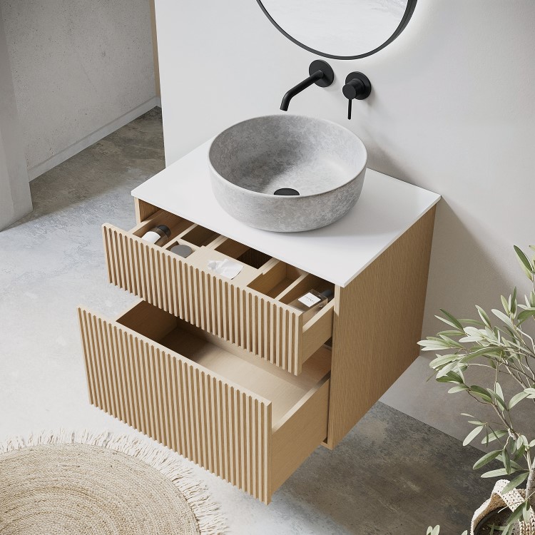 650mm Wooden Fluted Wall Hung Countertop Vanity Unit with Stone Effect Basin - Matira