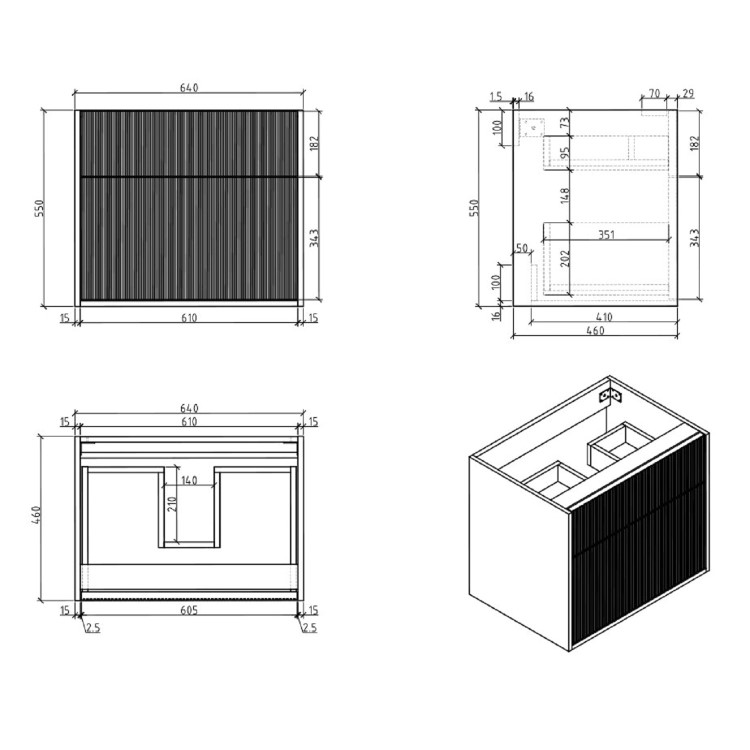 650mm Wooden Fluted Wall Hung Countertop Vanity Unit - Matira