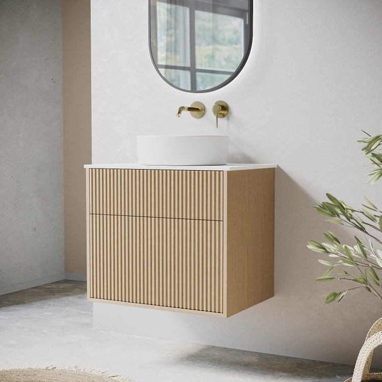 650mm Wooden Fluted Wall Hung Countertop Vanity Unit with Round Basin - Matira