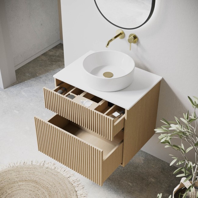 650mm Wooden Fluted Wall Hung Countertop Vanity Unit with Round Basin - Matira