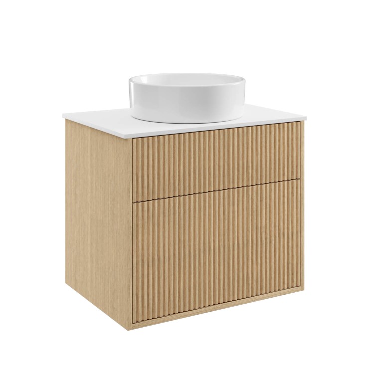 650mm Wooden Fluted Wall Hung Countertop Vanity Unit with Round Basin - Matira