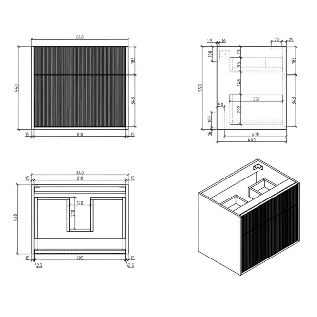 650mm Wooden Fluted Wall Hung Countertop Vanity Unit with Round Basin - Matira