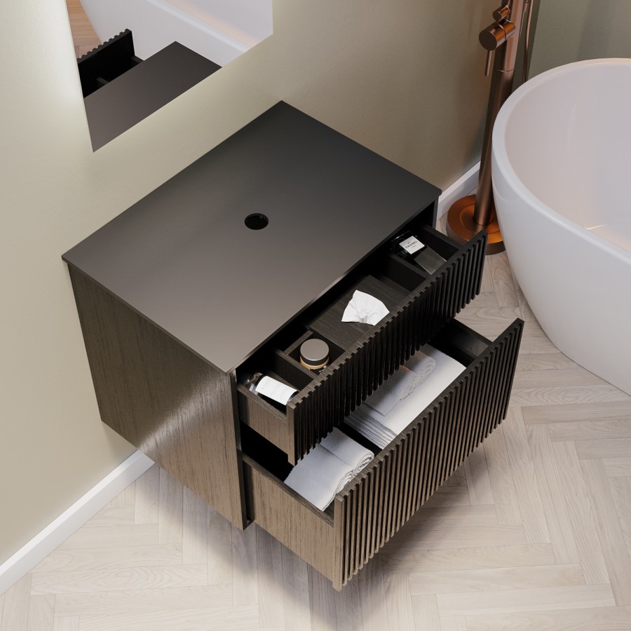 Grade A1 - 650mm Black Wooden Fluted Wall Hung Countertop Vanity Unit - Matira