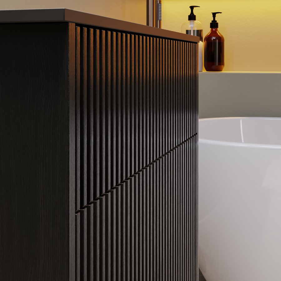 Grade A1 - 650mm Black Wooden Fluted Wall Hung Countertop Vanity Unit - Matira