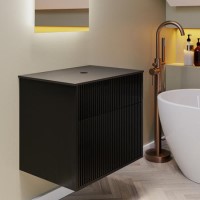 Grade A1 - 650mm Black Wooden Fluted Wall Hung Countertop Vanity Unit - Matira