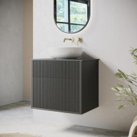 650mm Black Wooden Fluted Wall Hung Countertop Vanity Unit with Round Basin - Matira