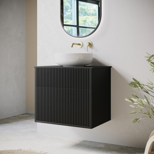 650mm Black Wooden Fluted Wall Hung Countertop Vanity Unit with Round Basin - Matira