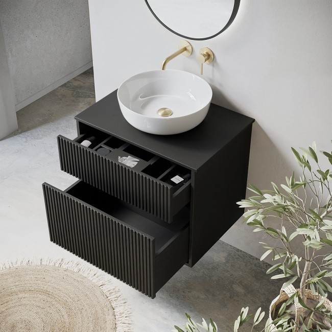 650mm Black Wooden Fluted Wall Hung Countertop Vanity Unit with Round Basin - Matira