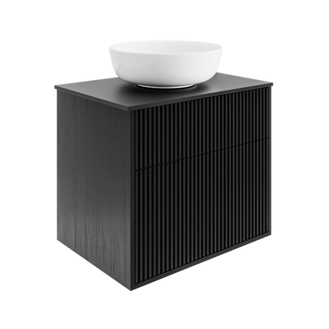 650mm Black Wooden Fluted Wall Hung Countertop Vanity Unit with Round Basin - Matira