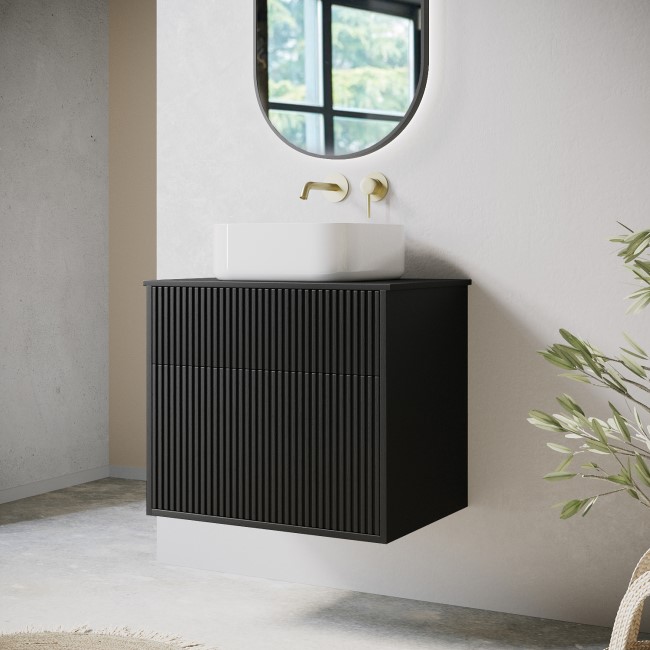 650mm Black Wooden Fluted Wall Hung Countertop Vanity Unit with Square Basin - Matira