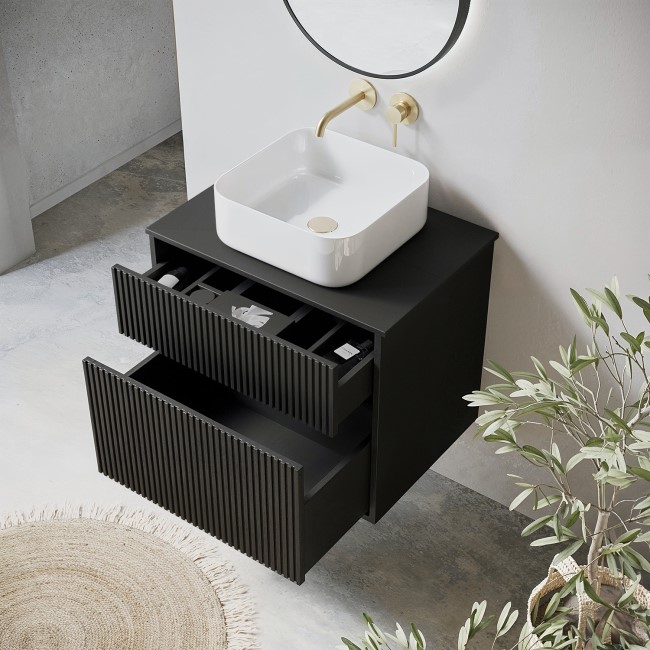 650mm Black Wooden Fluted Wall Hung Countertop Vanity Unit with Square Basin - Matira