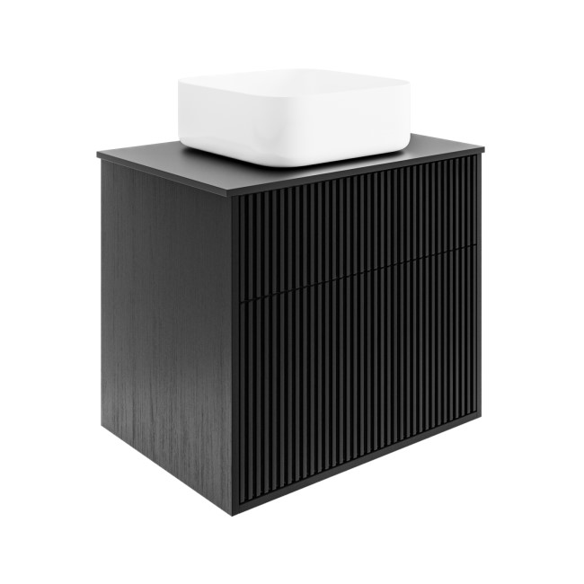 650mm Black Wooden Fluted Wall Hung Countertop Vanity Unit with Square Basin - Matira